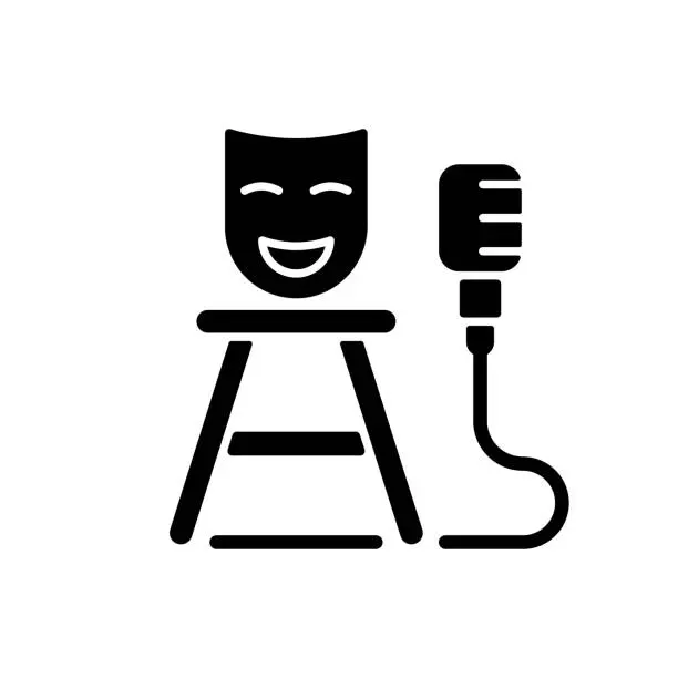 Stand up show black glyph icon. Comedic performance. Concert with jokes. Stage show for open mic. Comedy for entertainment. Media genre. Silhouette symbol on white space. Vector isolated illustration